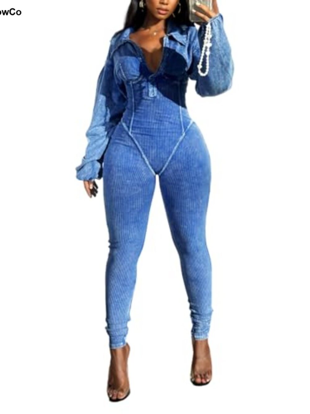 Women's One Piece Jumpsuit Lantern Sleeve Bodycon Ribbed Romper